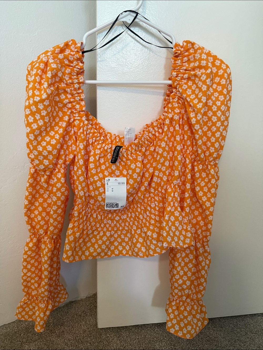Forever 21 Orange Floral Puff-Sleeve Smocked Crop Top